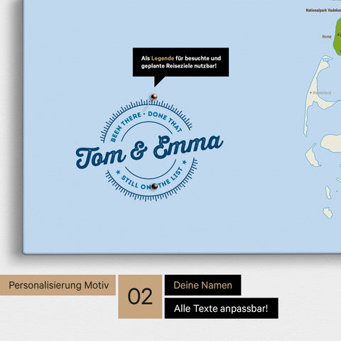 Personalized Denmark map as a Multicolor Topo Push Pin Map with printed names and a legend for marking visited places