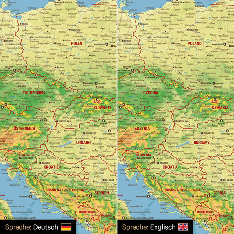 Topografische Europa Landkarte wahlweise in deutscher oder englischer Sprache