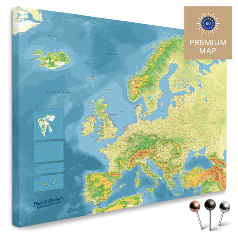 Topographic map of Europe in a modern, minimalist design as a canvas for pinning trips and places