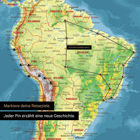 Detail einer topografischen Weltkarte als Pinn-Leinwand in Multicolor Topo mit Pins, die eine abgesteckte Reiseroute in Südamerika durch die Länder Brasilien, Peru und Ecuador zeigt