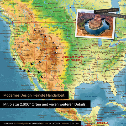 Detailreiche topografische Weltkarte als Pinnwand in Multicolor Topo zur Markierung von bis zu 2.600 Reisezielen in den USA, Kanada und Mexiko, Ideal für die visuelle Darstellung vergangener Reisen und zukünftiger Reisepläne