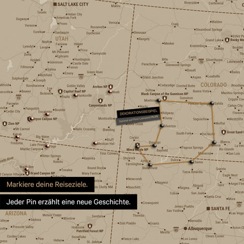 Detailed USA America map as a pin board in beige showing pins in travel destinations in Utah and Colorado