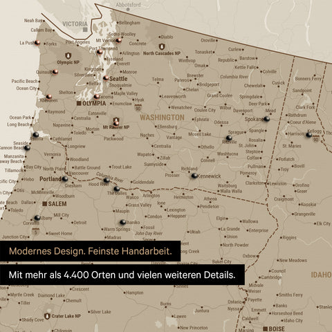 Section of a USA America map as a Push Pin Map in beige showing travel destinations and highlights in Washington, Oregon, and Idaho