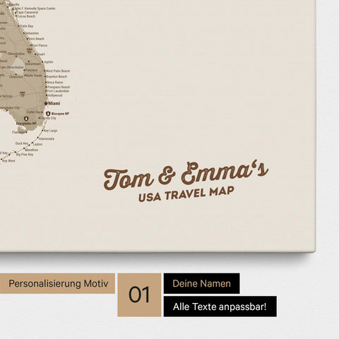 USA Amerika Karte mit hohem Detailgrad als Pinnwand Leinwand in Beige mit Personalisierung und Eindruck mit deinem Namen