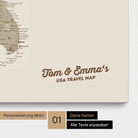 USA America map with high level of detail as a Push Pin Map canvas in beige with personalization and imprint with your name