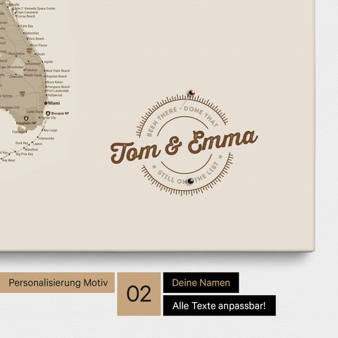 Personalized USA America map as a canvas in beige with printed names and a legend for marking visited places