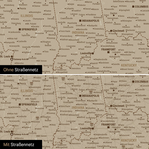 USA America Push Pin Map in beige, optionally with the road network of the largest highways and interstates