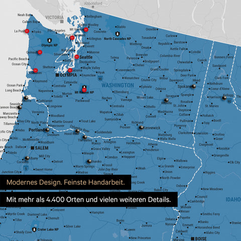 Section of a USA America map as a Push Pin Map in blue shows travel destinations and highlights in Washington, Oregon, and Idaho