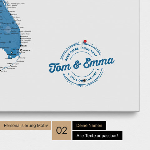 Personalized USA America map as a canvas in blue with printed names and a legend for marking visited places