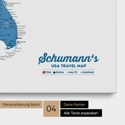 Detailed USA America map as a Push Pin Map in blue with personalization as a logo for the whole family