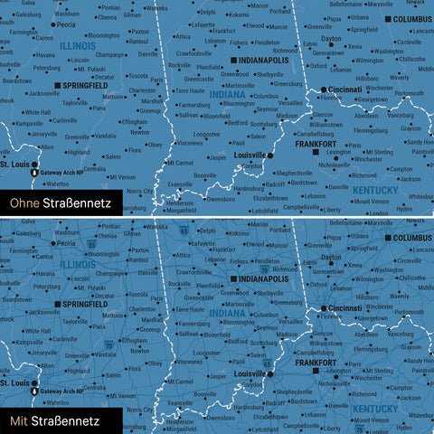 USA America Push Pin Map in blue, optionally with the road network of the largest highways and interstates