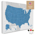 USA Amerika Karte in Blau mit sehr hohem Detailgrad als Pinnwand Leinwand zum Pinnen und Markieren von Reisezielen kaufen