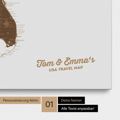 USA Amerika Karte mit hohem Detailgrad als Pinnwand Leinwand in Braun mit Personalisierung und Eindruck mit deinem Namen