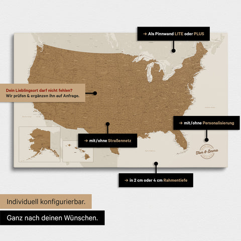 Diverse configuration options for a USA America map as a Push Pin Map in bronze color