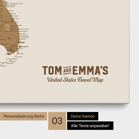 Push Pin Map canvas of a USA America map in bronze with printed logo "United States"