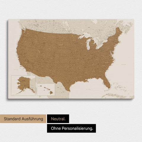 Neutrale und schlichte Ausführung einer USA Amerika Karte als Pinn-Leinwand in Bronze