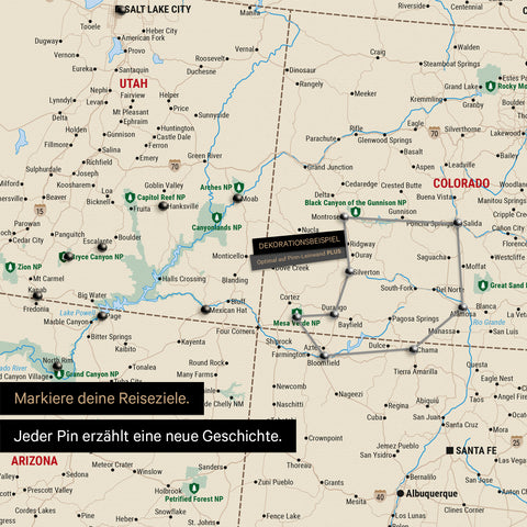 Detailed USA America map as a pin board in Multicolor Classic showing pins on travel destinations in Utah and Colorado