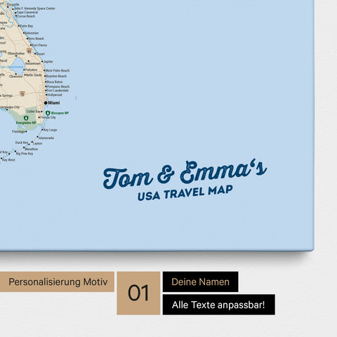 USA America map with high level of detail as a Push Pin Map canvas in Multicolor Classic with personalization and imprint with your name
