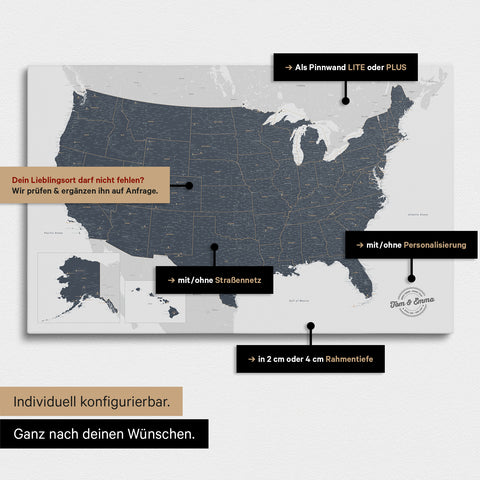 Diverse configuration options for a USA America map as a Push Pin Map in Denim Blue color