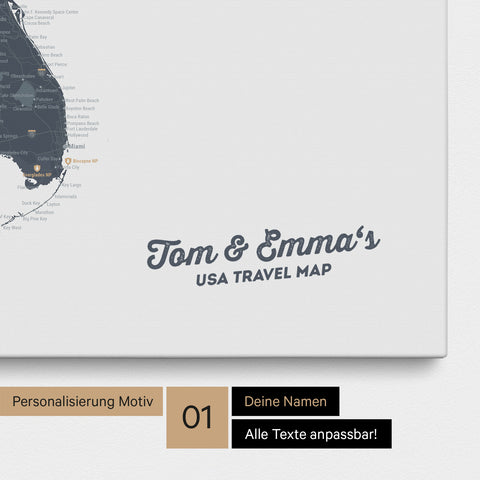USA America map with high level of detail as a Push Pin Map canvas in Denim Blue with personalization and imprint with your name