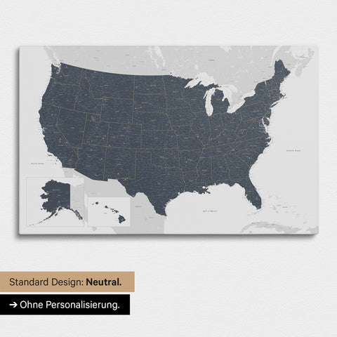 Neutral and simple version of a USA America map as a Push Pin Map in Denim Blue