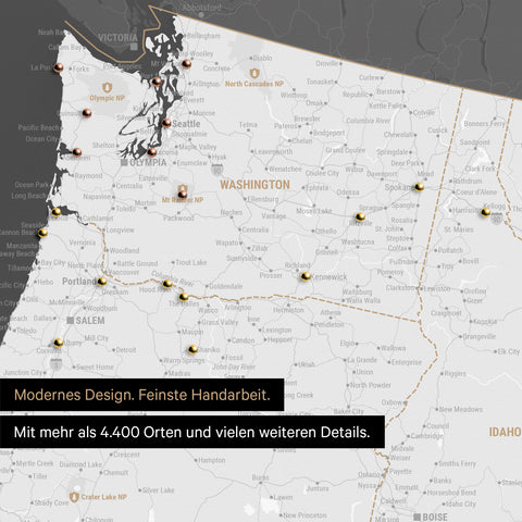 Section of a USA America map as a Push Pin Map in dark gray showing travel destinations and highlights in Washington, Oregon, and Idaho