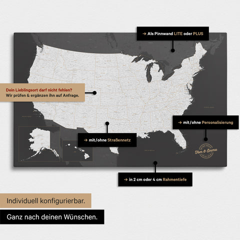 Diverse configuration options for a USA America map as a Push Pin Map in dark gray color