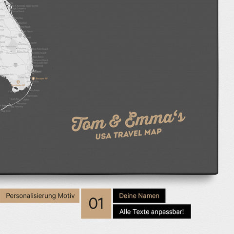 USA Amerika Karte mit hohem Detailgrad als Pinnwand Leinwand in Dunkelgrau mit Personalisierung und Eindruck mit deinem Namen