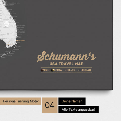 Detailed USA America map as a Push Pin Map in dark gray with personalization as a logo for the whole family