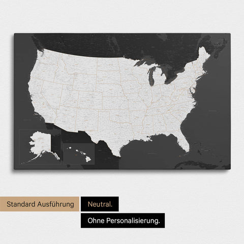 Neutrale und schlichte Ausführung einer USA Amerika Karte als Pinn-Leinwand in Dunkelgrau
