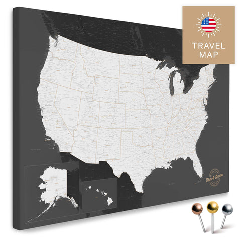 USA Amerika Karte in Dunkelgrau mit sehr hohem Detailgrad als Pinnwand Leinwand zum Pinnen und Markieren von Reisezielen kaufen