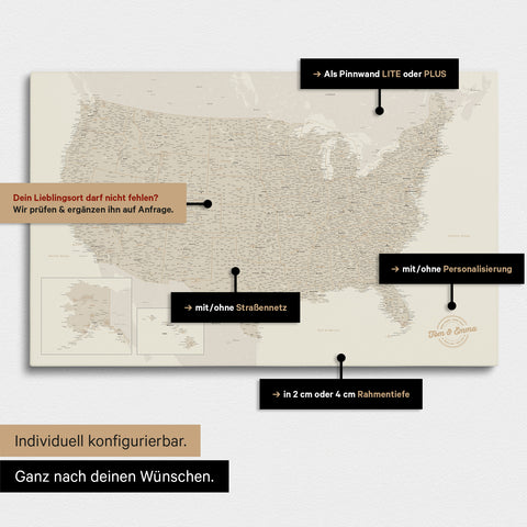 Diverse configuration options for a USA America map as a Push Pin Map in gold color