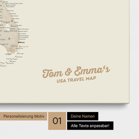 USA America map with high detail as a Push Pin Map canvas in gold with personalization and imprint with your name