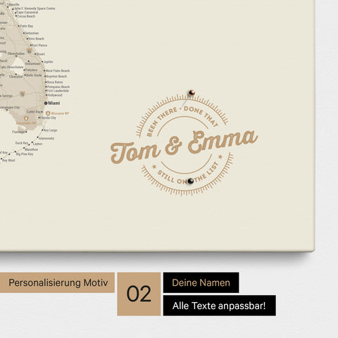 Personalized USA America map as a canvas in gold with printed names and a legend for marking visited places