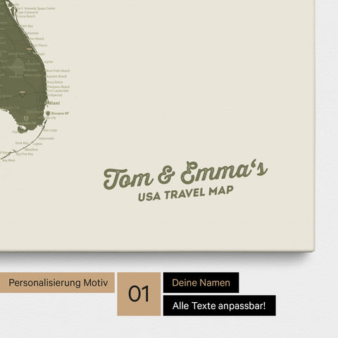 USA America map with high level of detail as a Push Pin Map canvas in Olive Green with personalization and imprint with your name