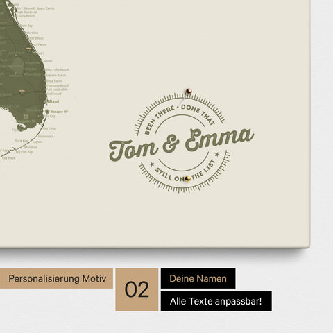 Personalized USA America map as a canvas in Olive Green with printed names and a legend for marking visited places