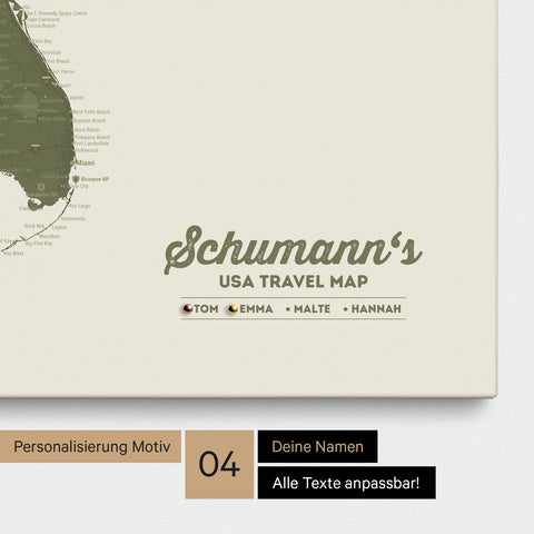 Detailed USA America map as a Push Pin Map in Olive Green with personalization as a logo for the whole family