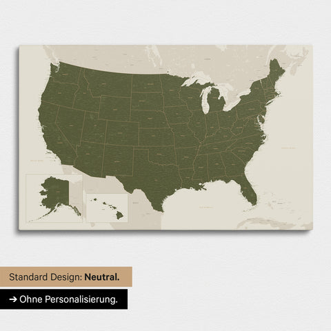 Neutral and simple version of a USA America map as a Push Pin Map in Olive Green