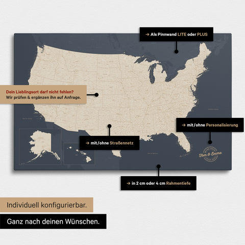 Diverse configuration options for a USA America map as a Push Pin Map in Hale Navy color (Dark Blue Gold)