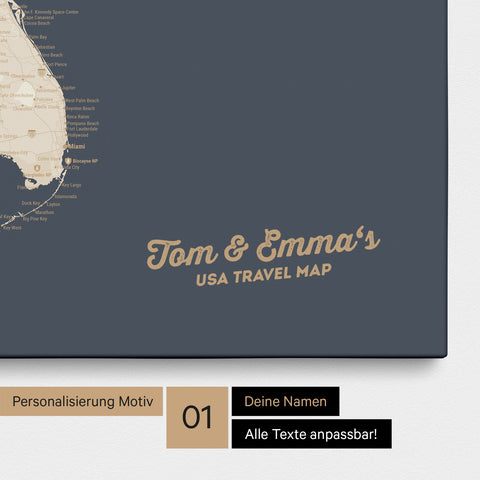 USA America map with high detail as a Push Pin Map canvas in Hale Navy (Dark Blue Gold) with personalization and imprint of your name