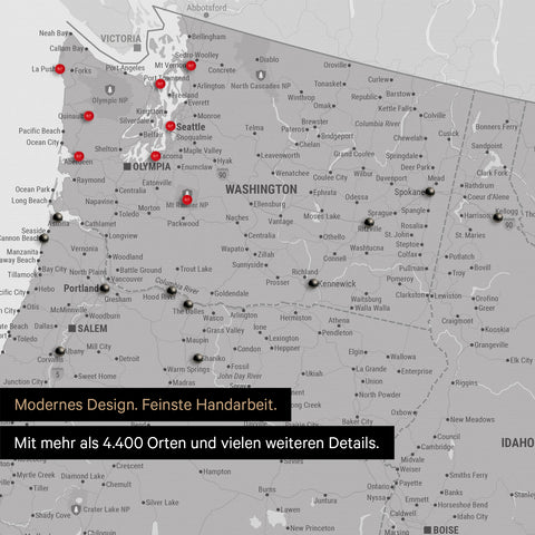 Section of a USA America map as a Push Pin Map in light gray showing travel destinations and highlights in Washington, Oregon, and Idaho