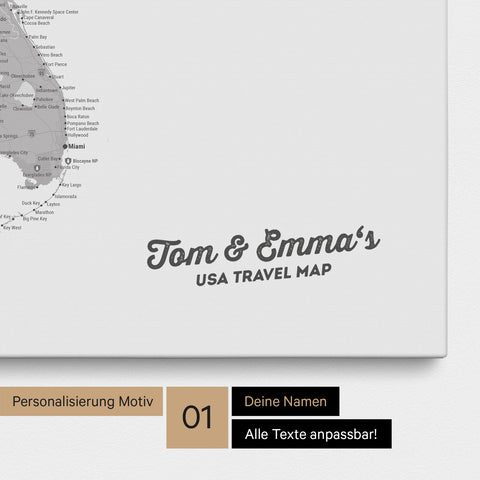 USA America map with high level of detail as a Push Pin Map canvas in light gray with personalization and imprint with your name