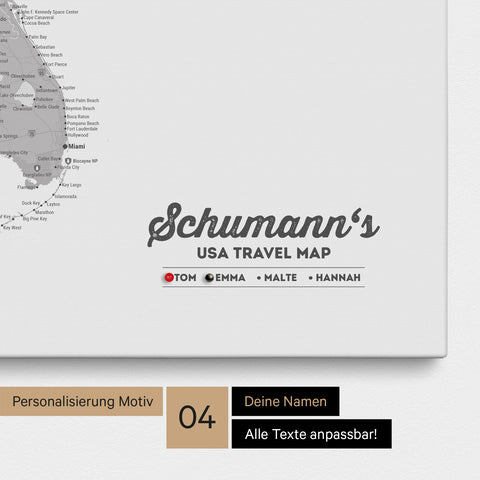 Detailed USA America map as a Push Pin Map in light gray with personalization as a logo for the whole family