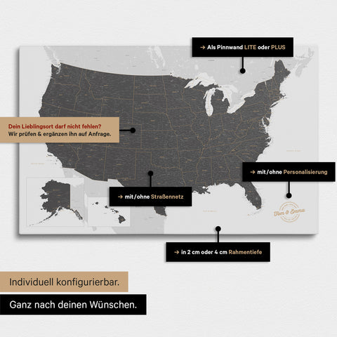 Diverse configuration options for a USA America map as a Push Pin Map in Light Gray color