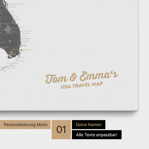 USA America map with high level of detail as Push Pin Map canvas in Light Gray with personalization and imprint with your name