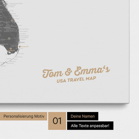 USA Amerika Karte mit hohem Detailgrad als Pinnwand Leinwand in Light Gray mit Personalisierung und Eindruck mit deinem Namen