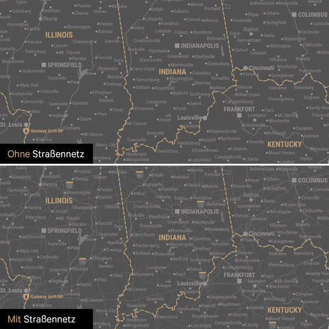 USA America Push Pin Map in Light Gray optionally with the road network of the largest highways and interstates