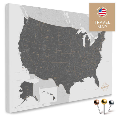 USA Amerika Karte in Light Gray mit sehr hohem Detailgrad als Pinnwand Leinwand zum Pinnen und Markieren von Reisezielen kaufen
