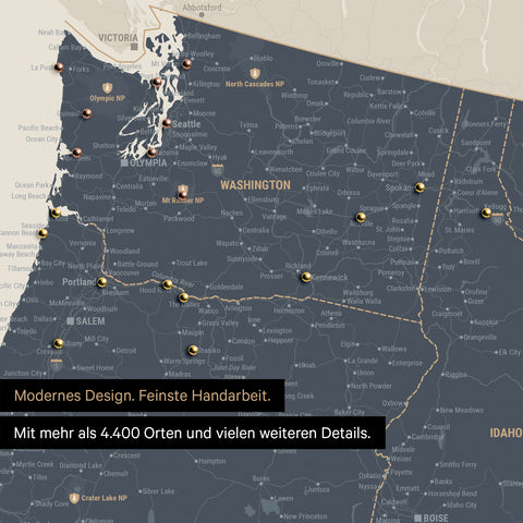 Section of a USA America map as a Push Pin Map in Navy Light showing travel destinations and highlights in Washington, Oregon, and Idaho
