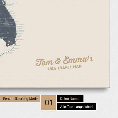 USA America map with high level of detail as a Push Pin Map canvas in Navy Light with personalization and imprint with your name